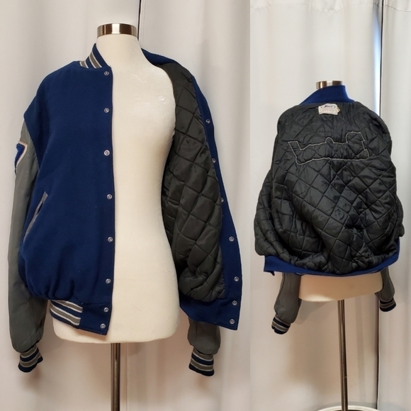 Vintage 90s Varsity Letterman High-school 2 Tone Wool Leather Bomber Jacket Lg - Picture 4 of 13